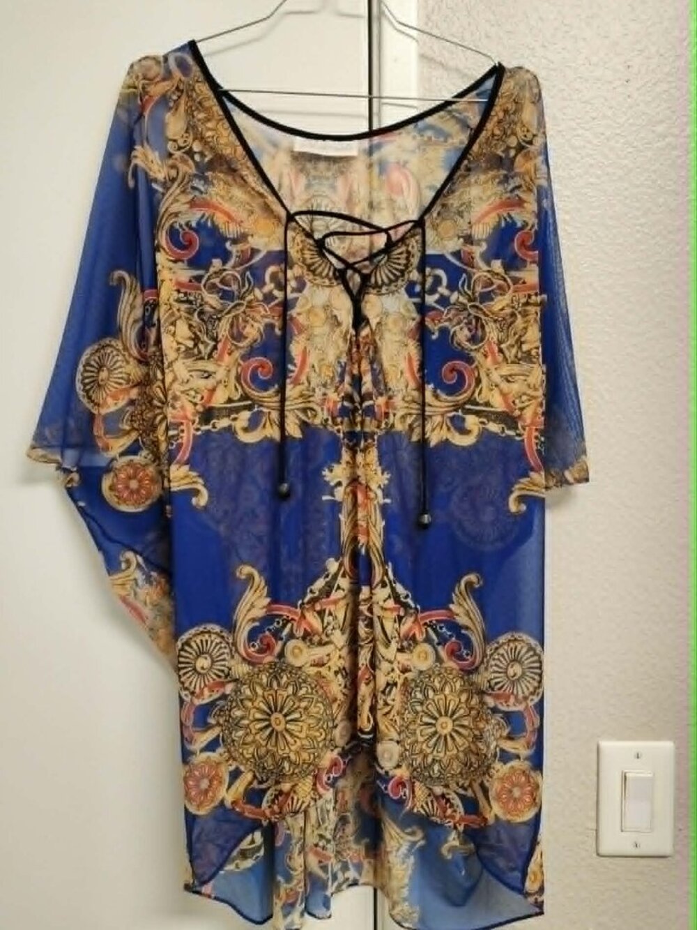 Novecento Blue Baroque Paisley Tunic | Sheer Mesh | Lace-Up Tie | Batwing Sleeve